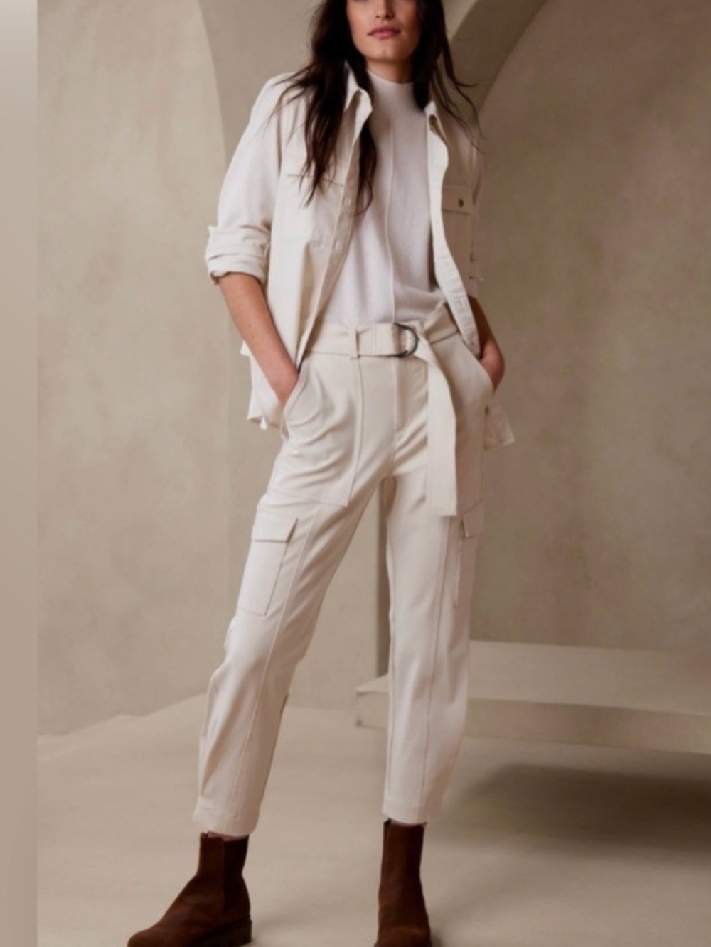Banana Republic Cream Cargo Belted Ankle Pants